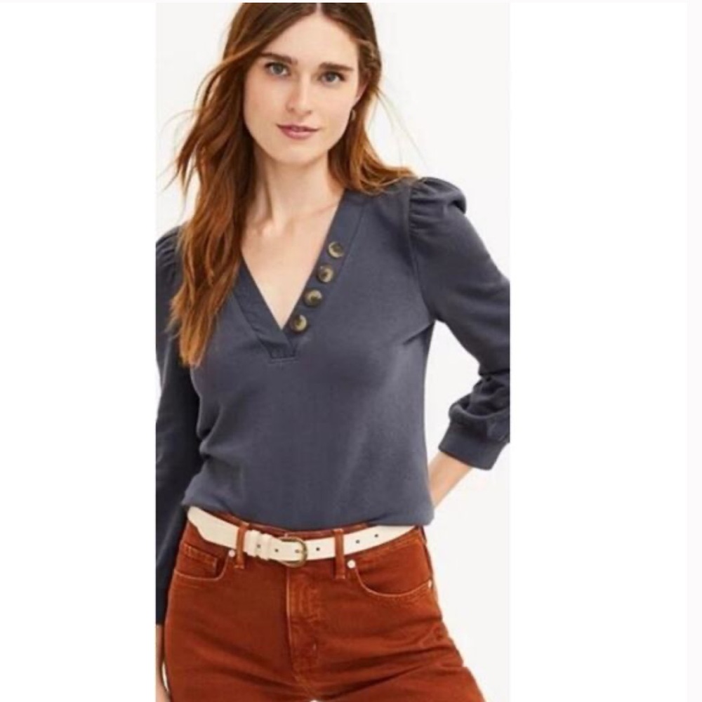 LOFT Dark Gray Puff Sleeve Henley Mixed Media Sweatshirt